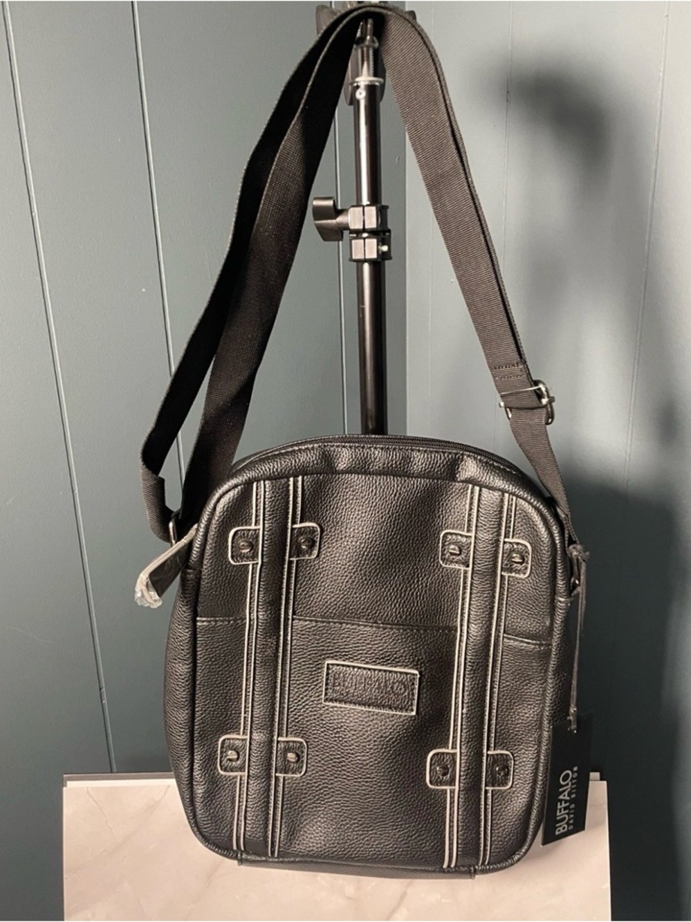 Buffalo David Bitton Black Pebbled Leather Messenger Bag with Contrast Trim